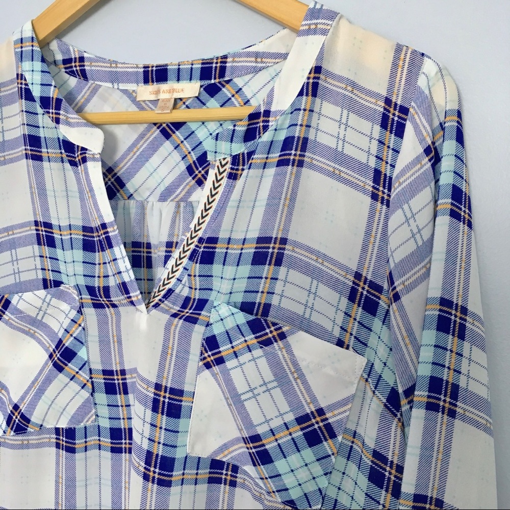 Skies Are Blue Plaid Popover Blouse, Like New